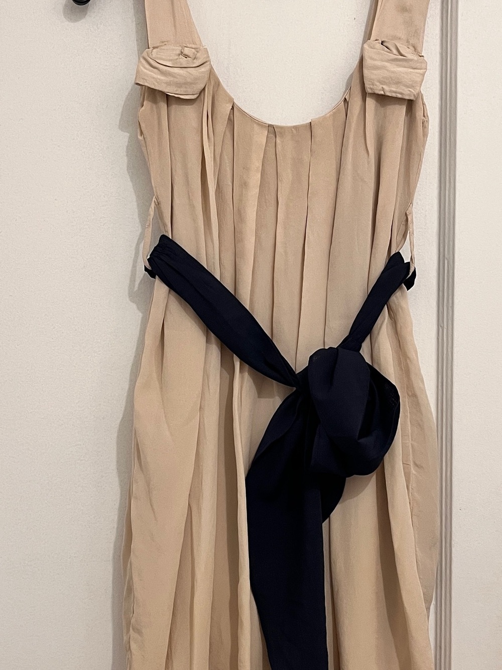 Beige Mini Dress with Navy Sash - Lantern-sleeve camisole dress S made in Italy